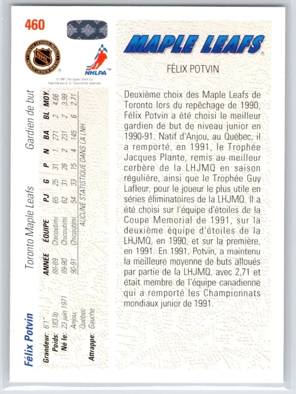 Felix Potvin 1991/92 Upper Deck Toronto Maple Leafs Hockey Card - Picture 2 of 2